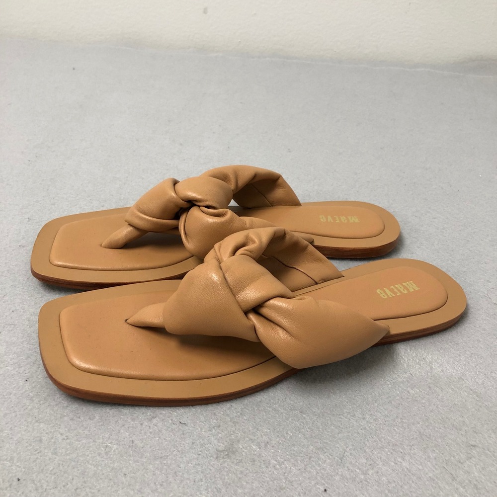 Maeve Knotted Puffy Leather Thong Sandals Womens 8 Tan Square Toe Flat Slides - Picture 4 of 15